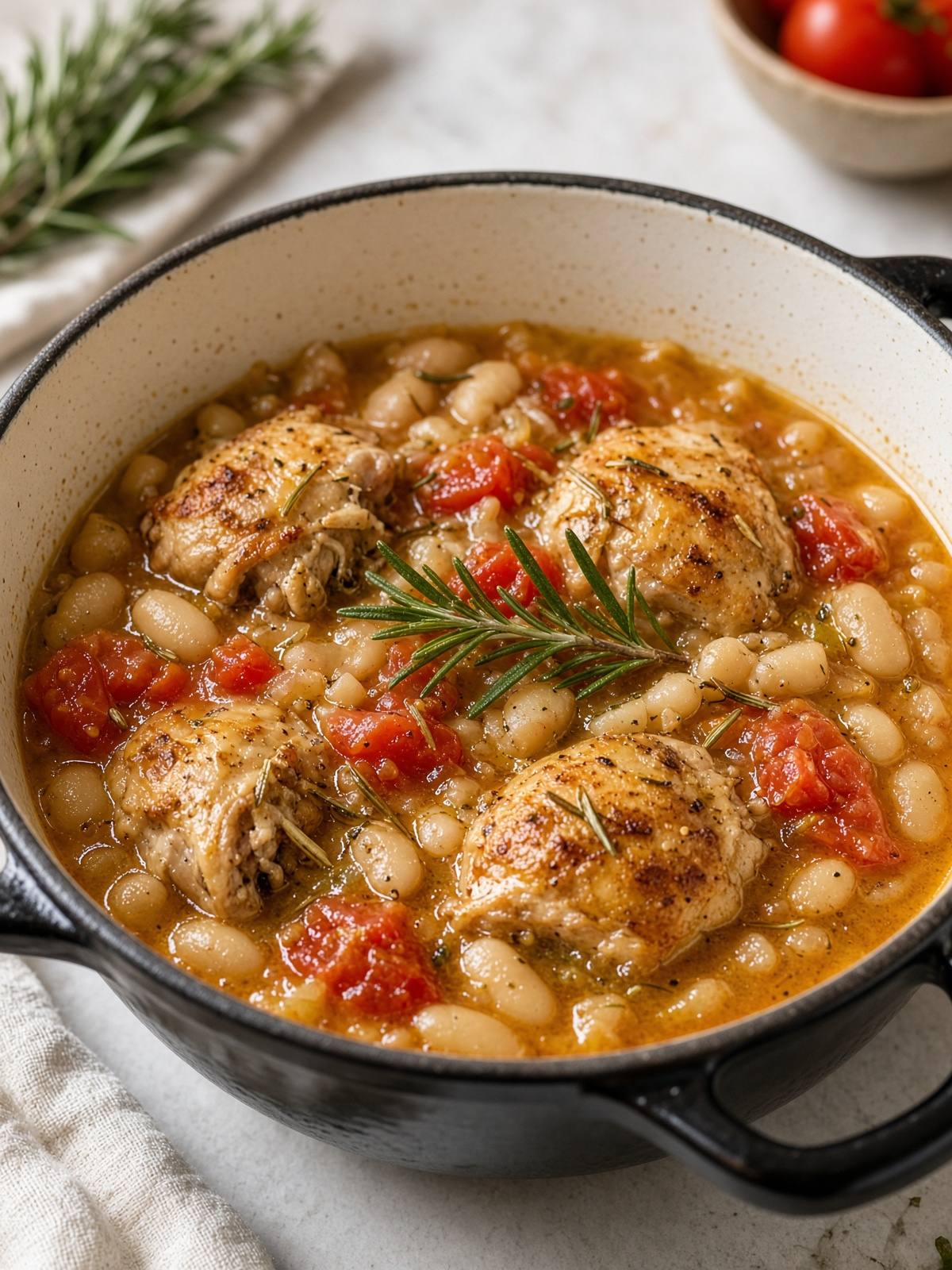 A bowl of chicken and cannellini bean stew with tomato and rosemary.
