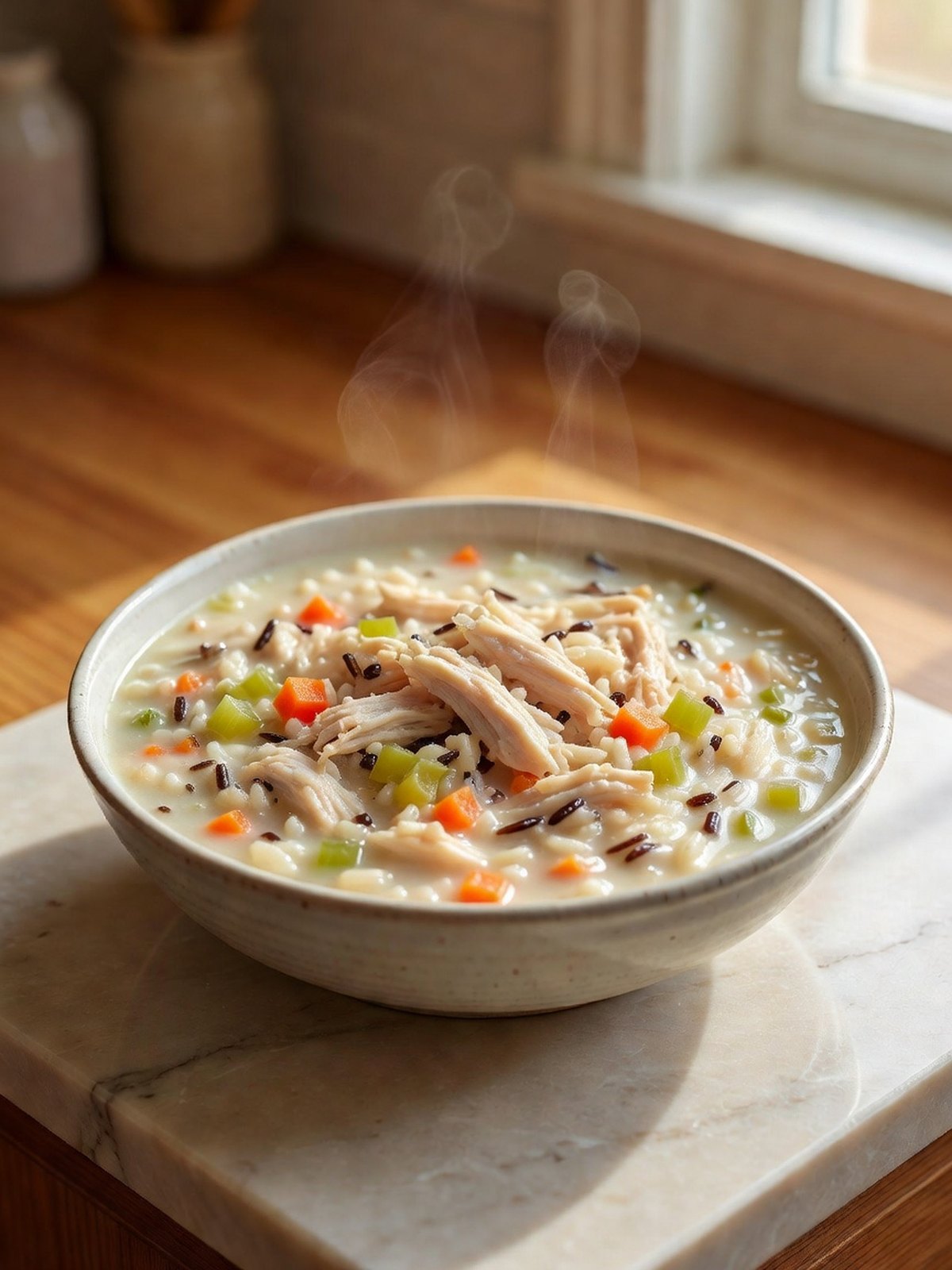 Bowl of creamy chicken wild rice soup with carrots and celery