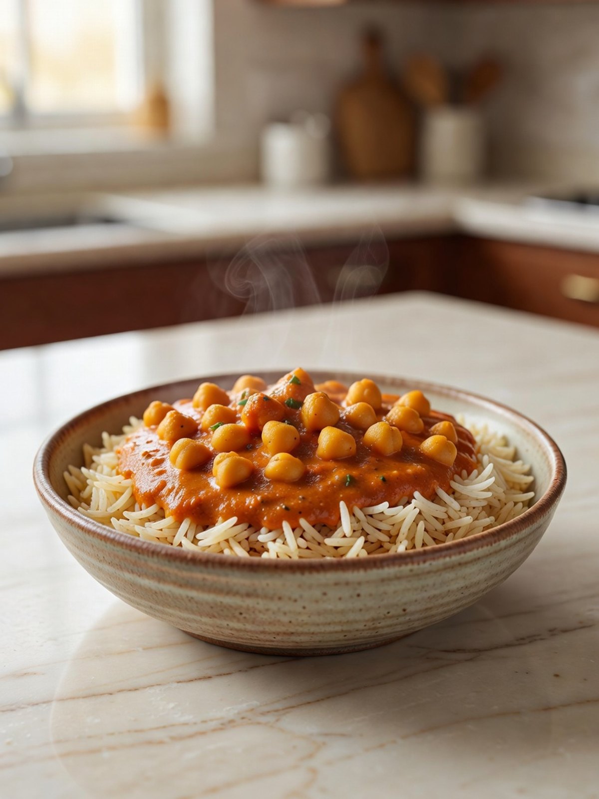 Bowl of chickpea tikka masala in a creamy tomato sauce over basmati rice