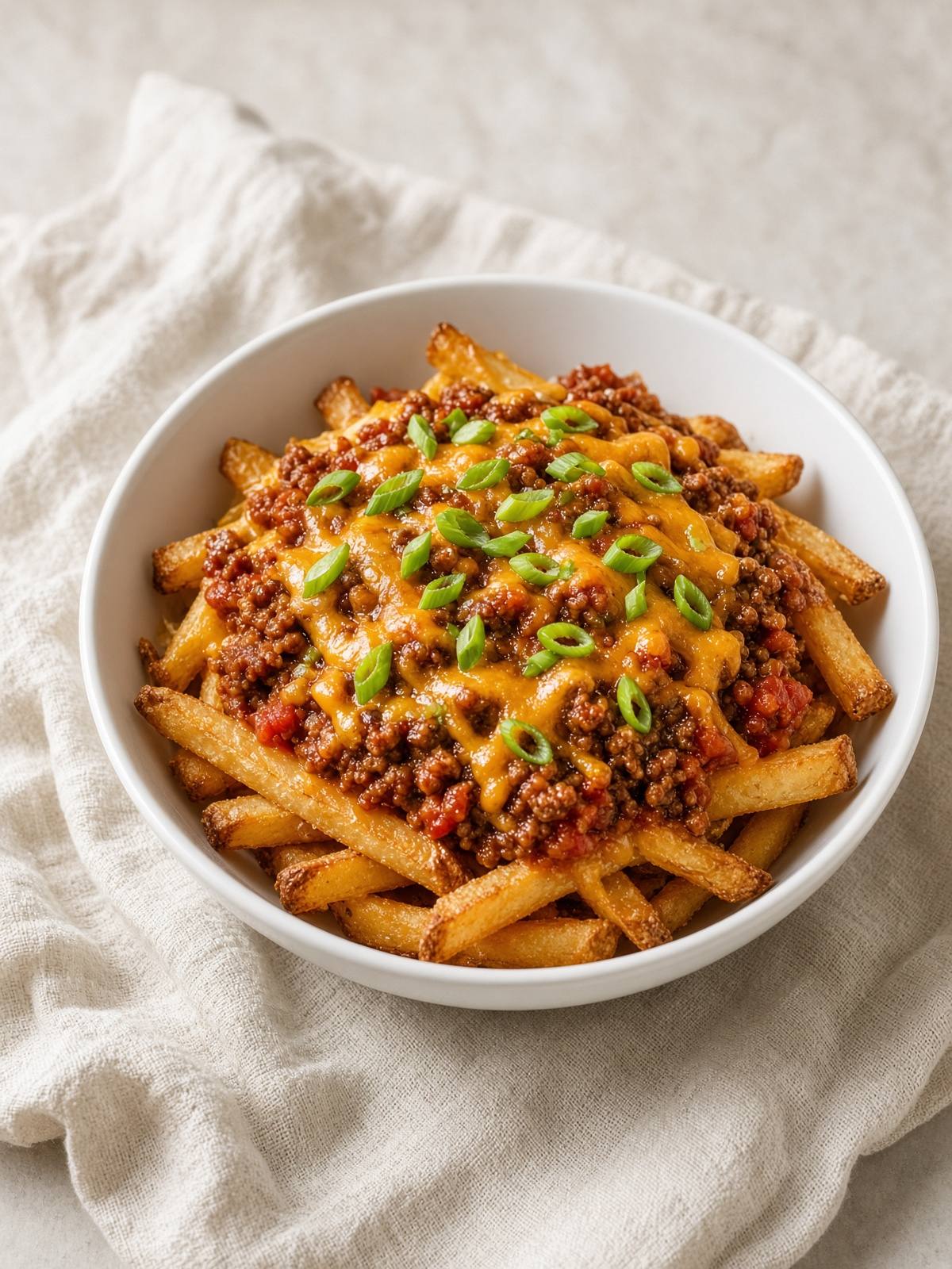 Crisp-edged potato fries under a thick beef chili, with cheddar melted across the top.