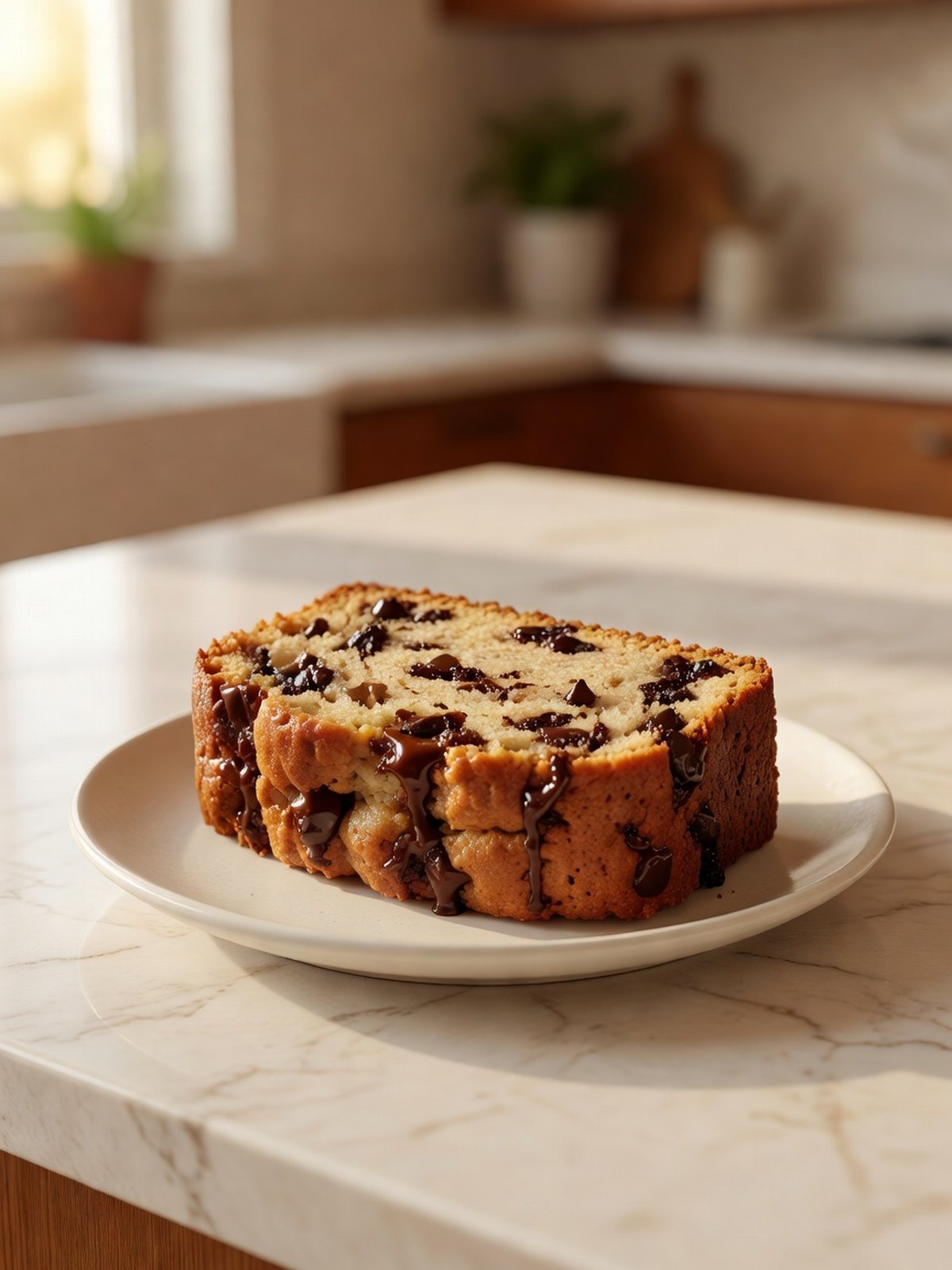 Slice of banana bread studded with melted chocolate chips on a plate
