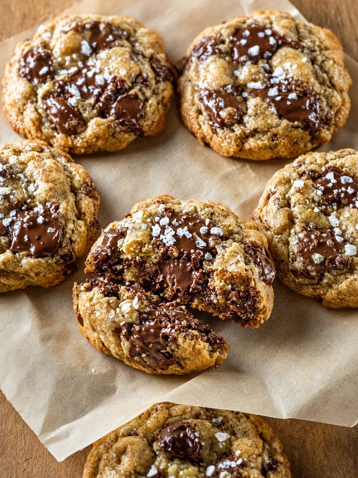 Chocolate chip cookies on a baking sheet with golden edges and soft centers.