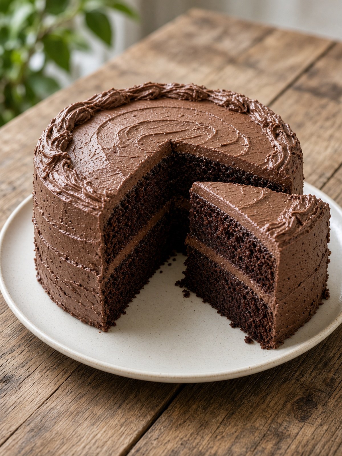 Two-layer chocolate cake with chocolate frosting and a slice cut out