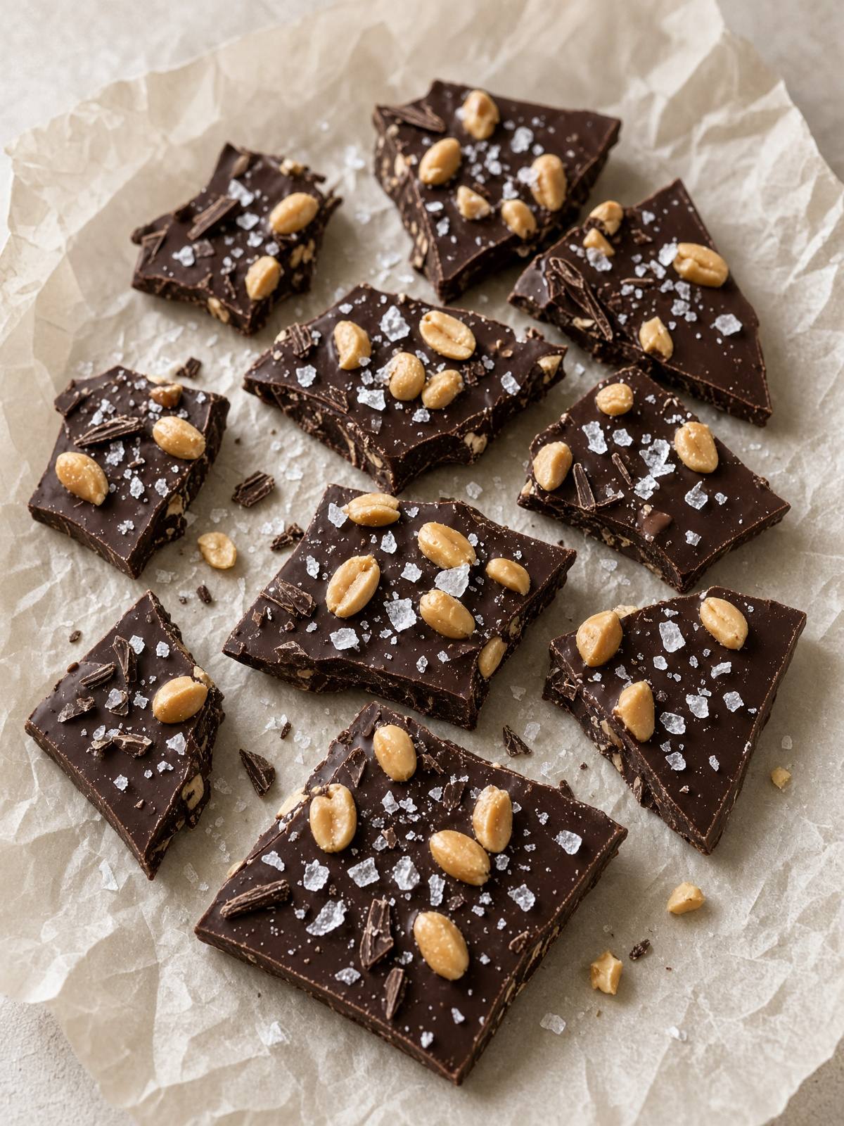Broken pieces of chocolate bark with peanuts.