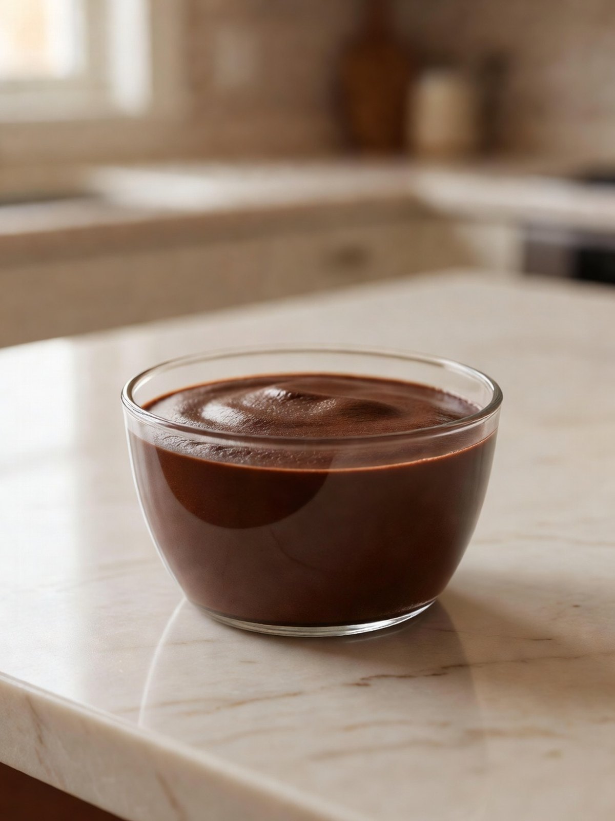 Smooth dark chocolate pudding in a glass cup with a soft set surface