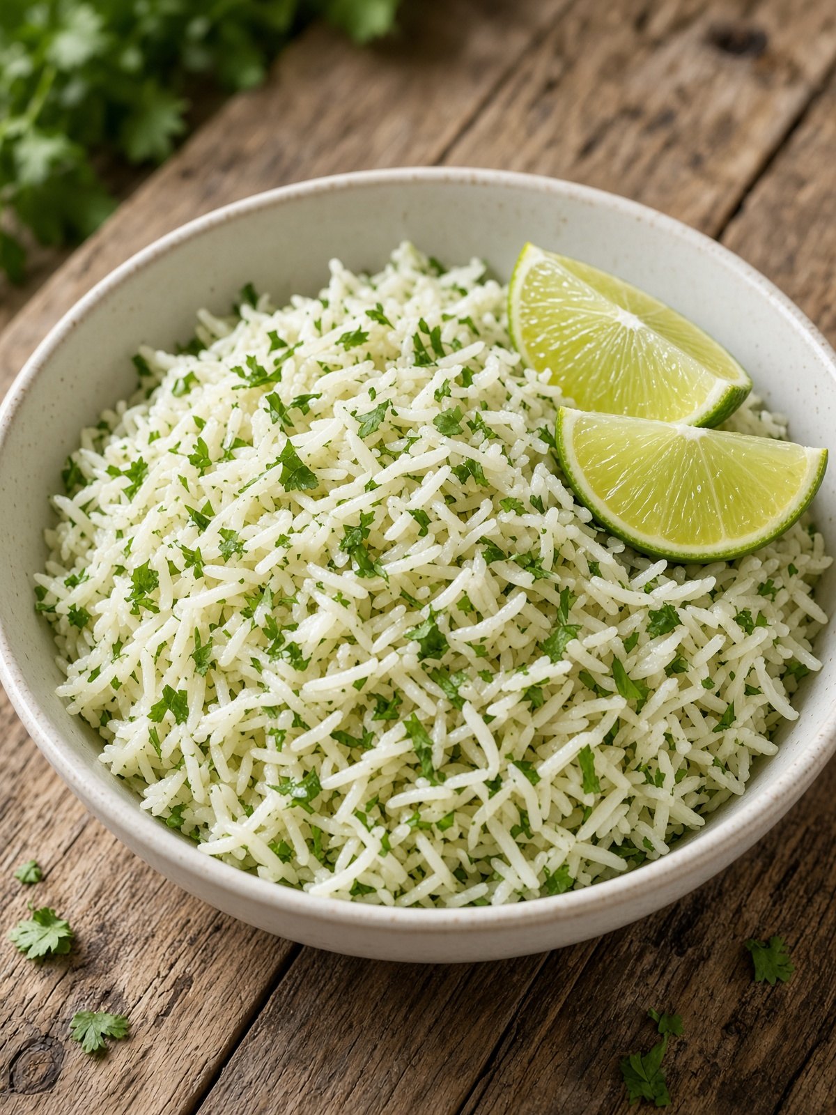 Bowl of fluffy cilantro lime rice with lime wedges