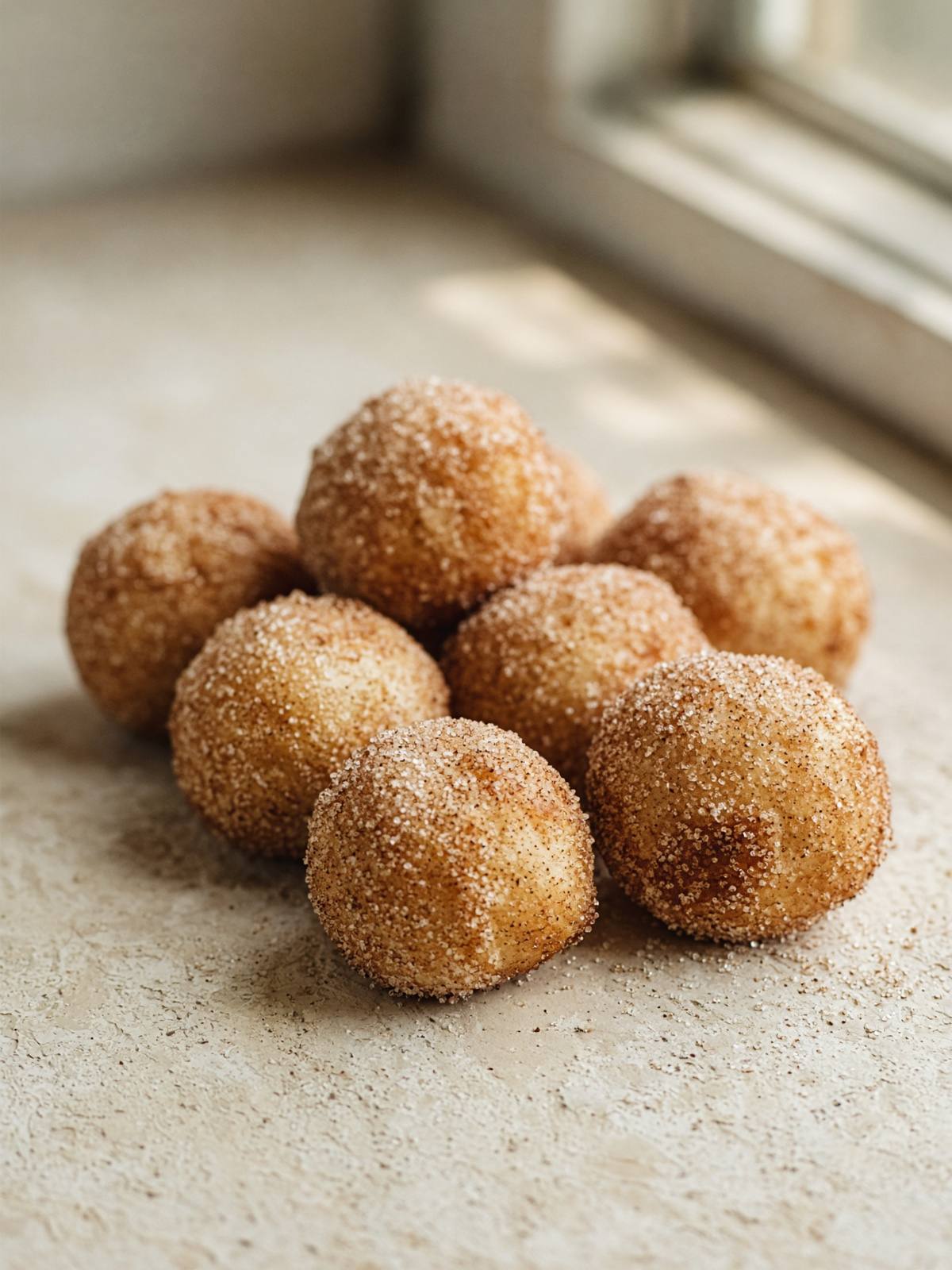 Cinnamon-sugar bites made from biscuit dough, piled on a plate.