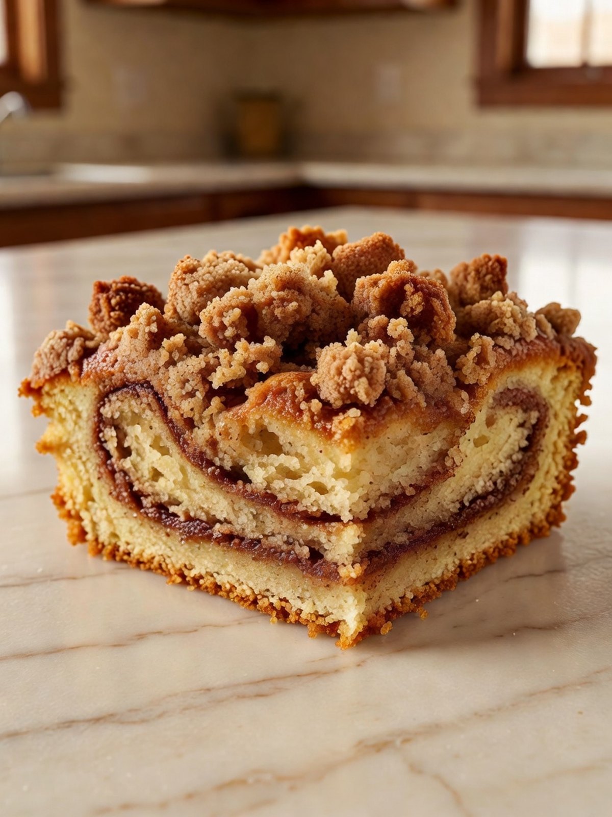 Square of cinnamon coffee cake with a thick brown streusel top and a cinnamon swirl in the crumb