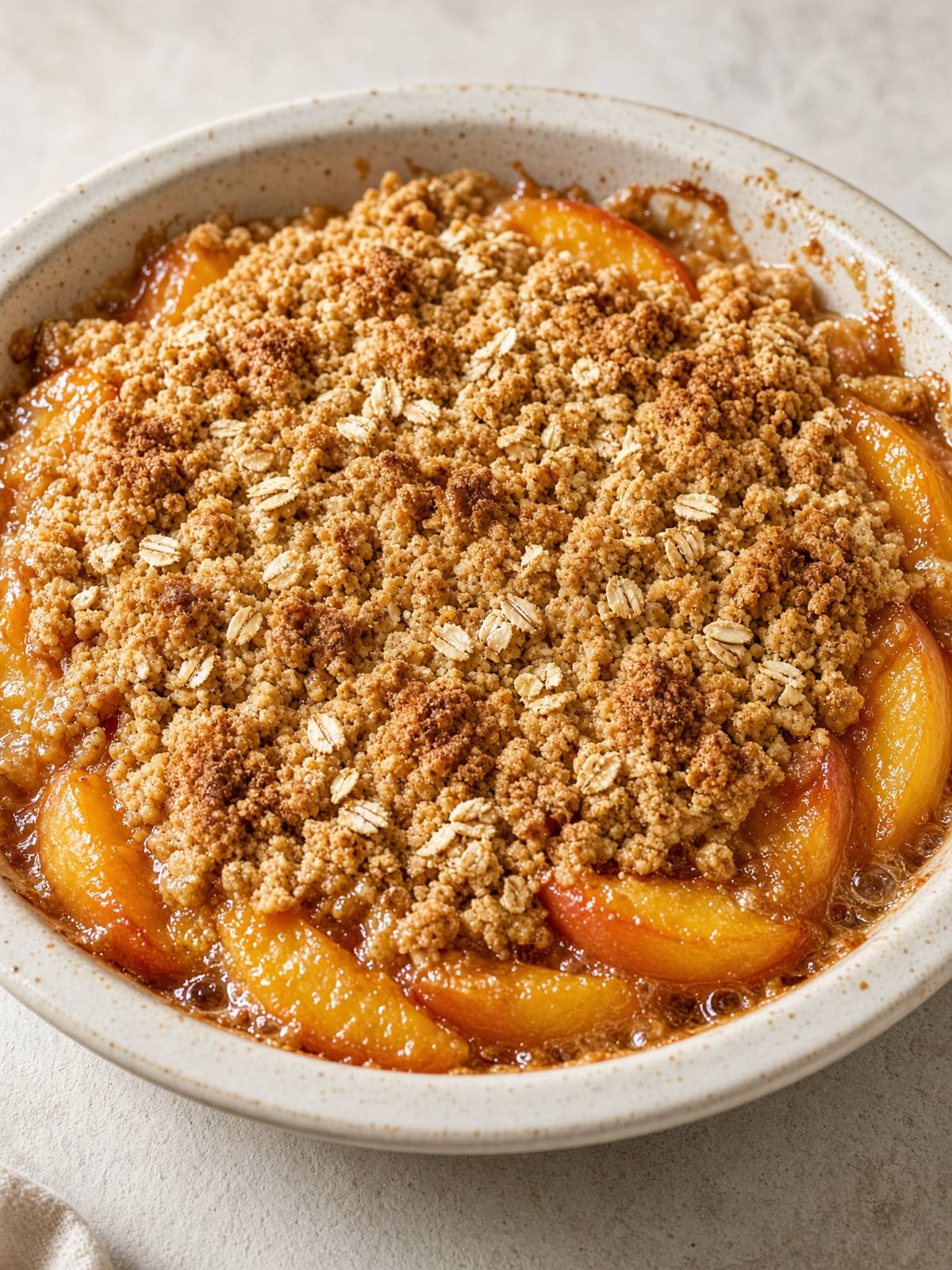 Peach crisp with a browned oat topping in a baking dish.