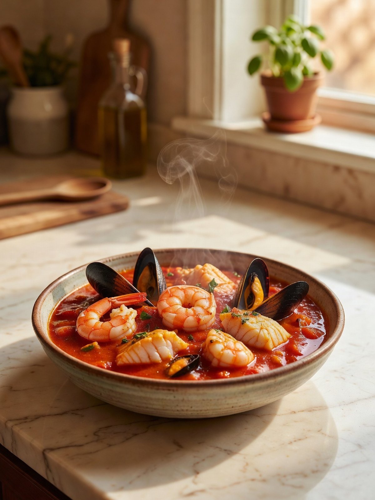 Bowl of tomato seafood stew with shrimp, mussels, and chunks of white fish