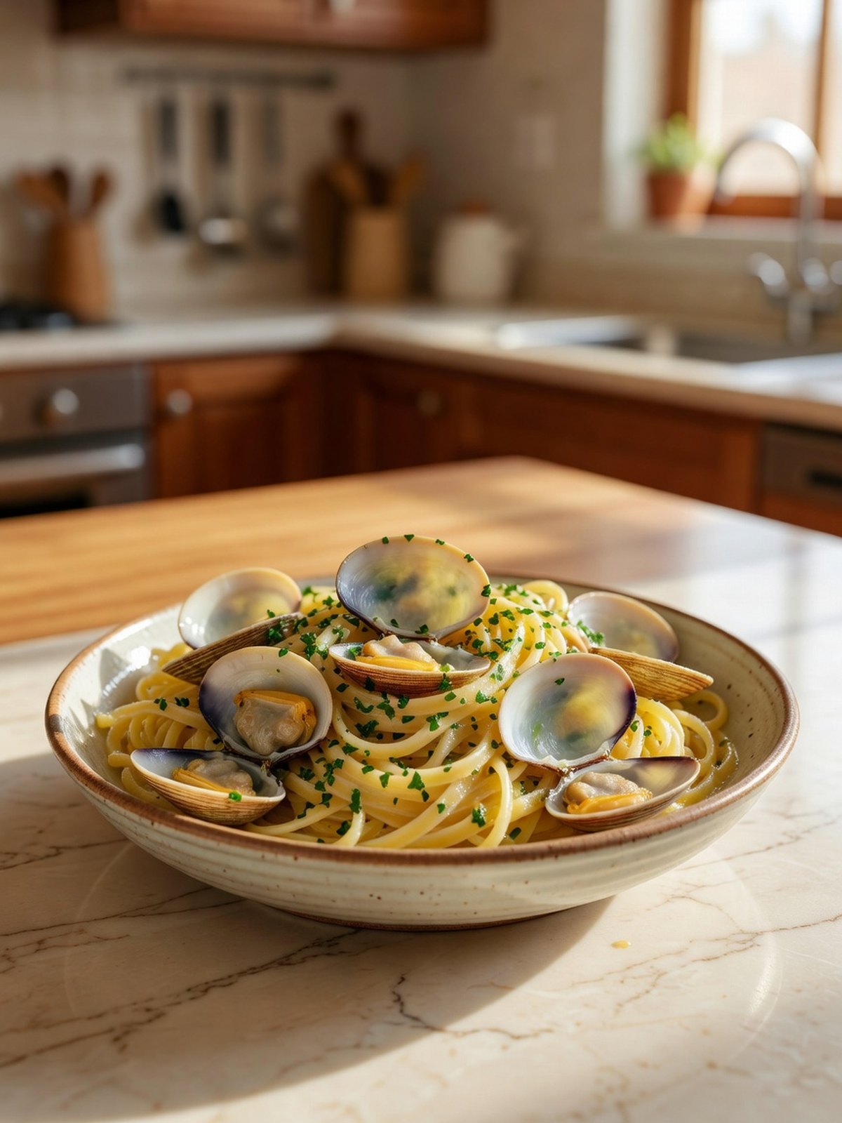 Bowl of linguine with littleneck clams in a garlic and parsley sauce