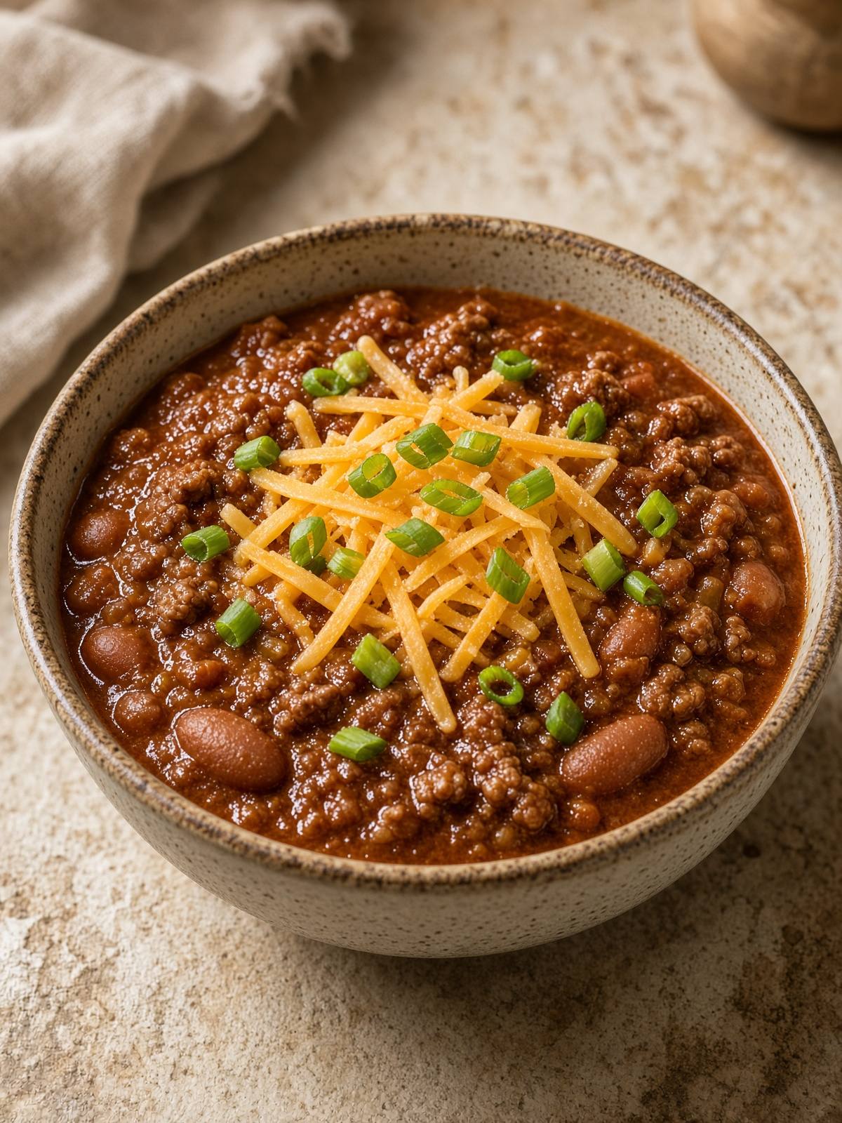 A bowl of beef chili with beans, shredded cheddar, and green onion.