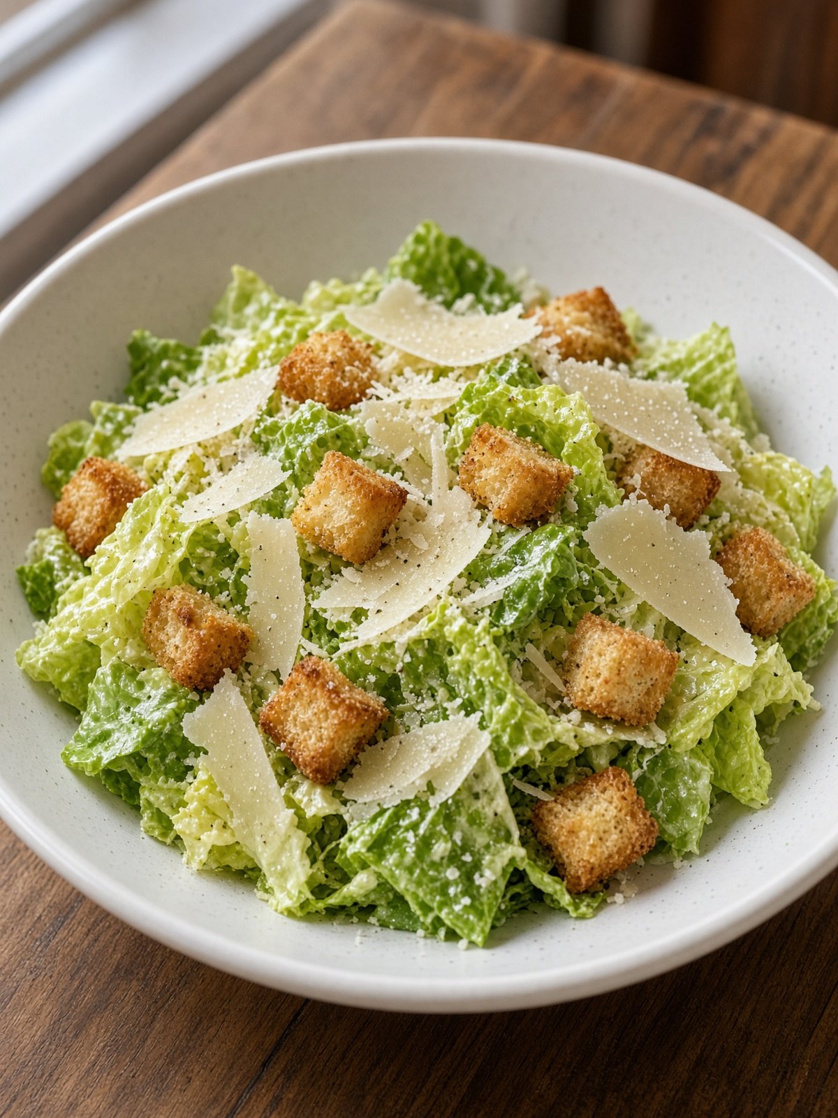 Caesar salad with romaine, croutons, and shaved Parmesan