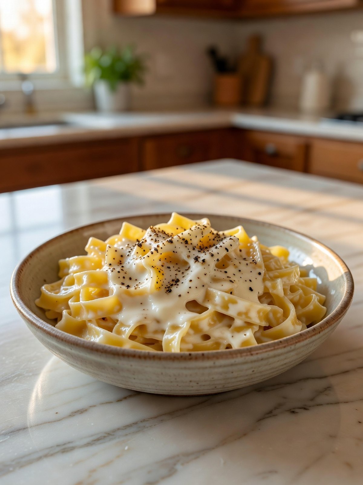 A bowl of fettuccine coated in a glossy white Parmesan sauce with black pepper