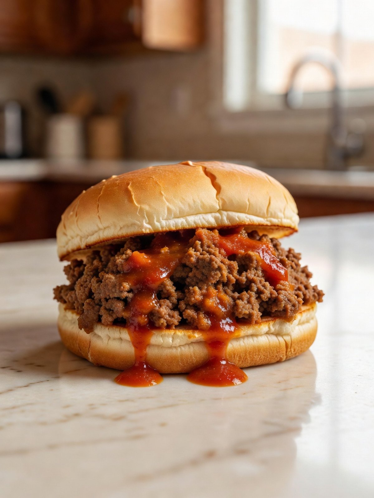Sloppy joe meat piled on a soft bun with a little sauce dripping onto the plate