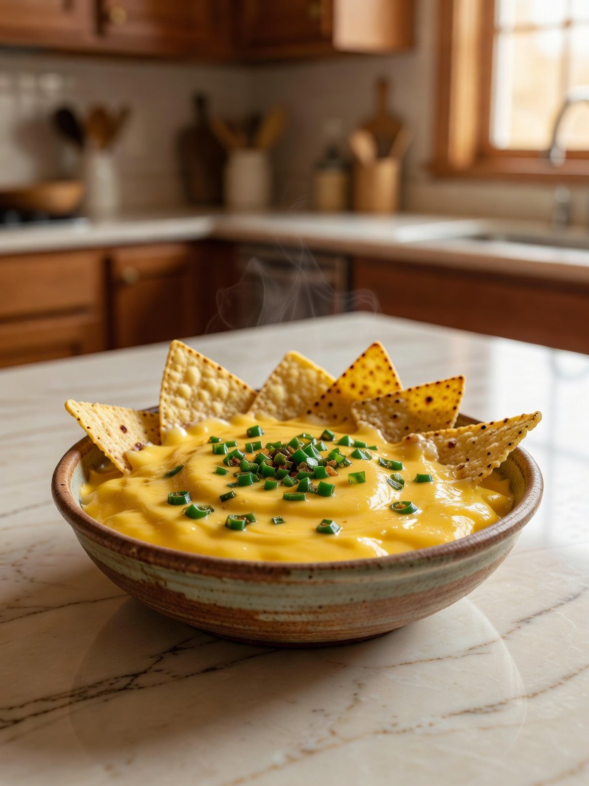 Bowl of smooth yellow queso with bits of green chile, tortilla chips at the edge