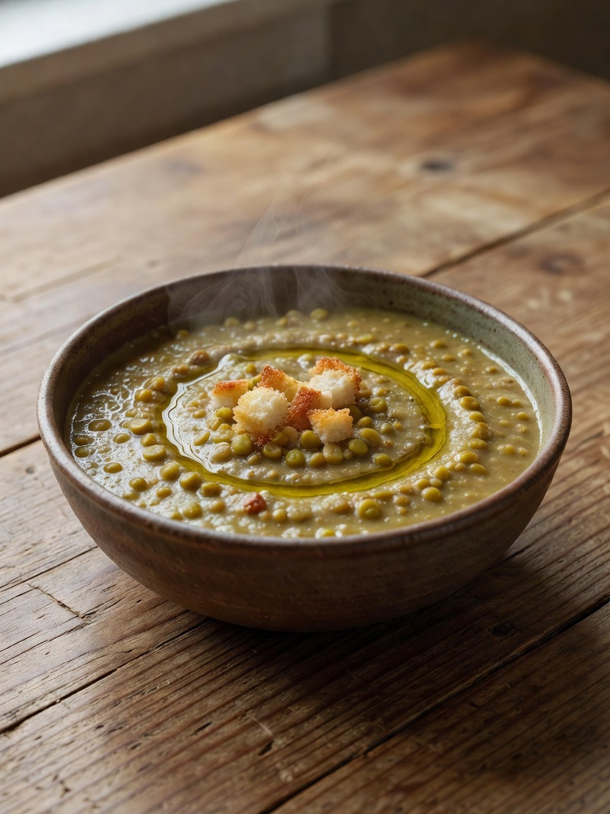 Thick green split pea soup in a bowl with carrot pieces on top
