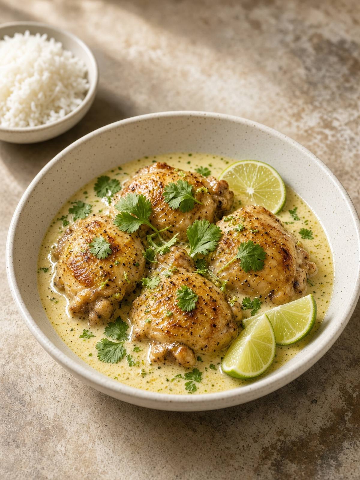 Chicken in a pale coconut-lime sauce with cilantro and lime wedges.
