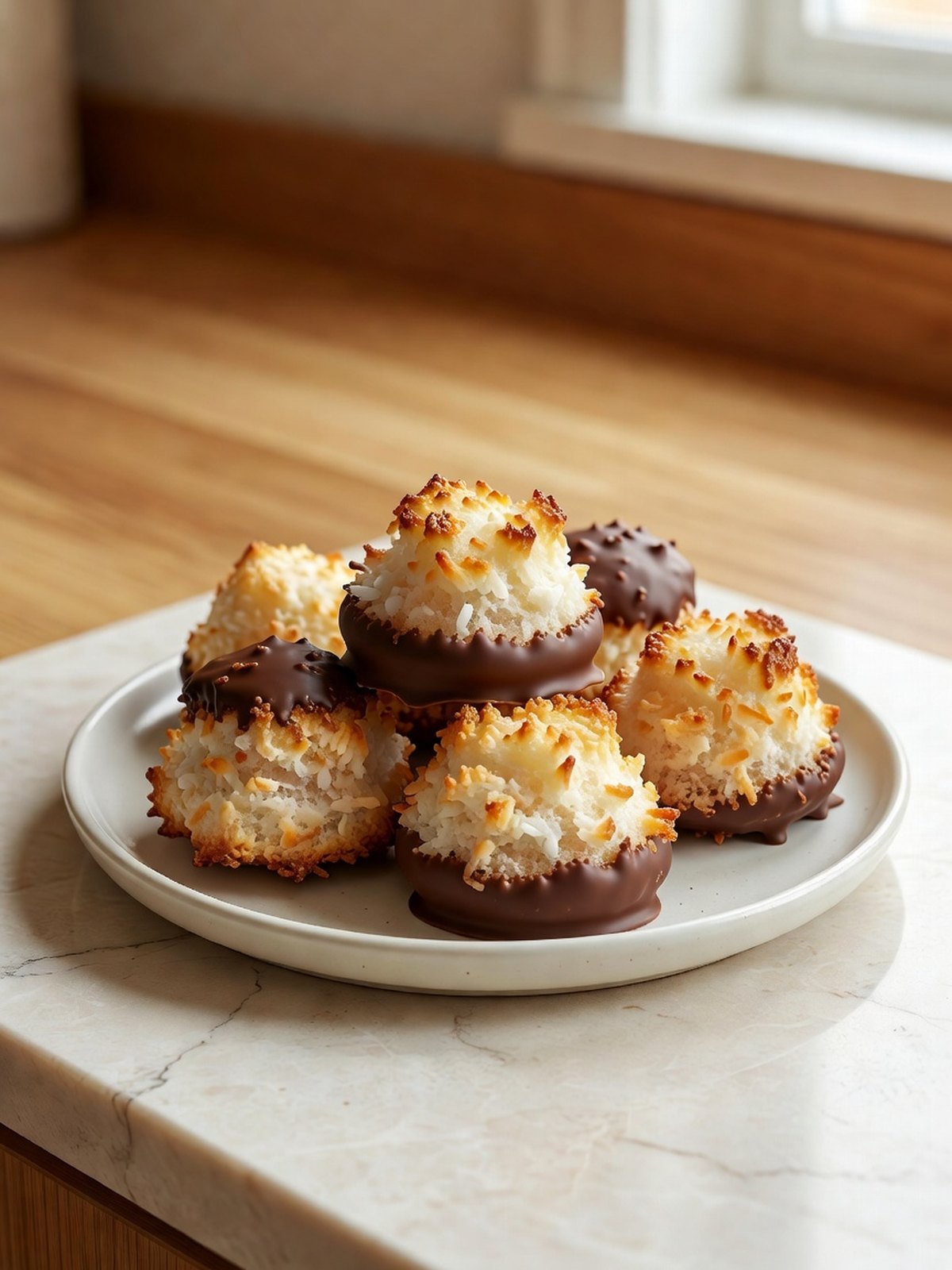 Golden coconut macaroons, some dipped in dark chocolate, on a plate