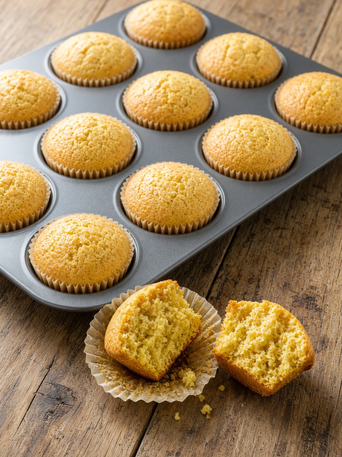 Golden cornbread muffins in a tin