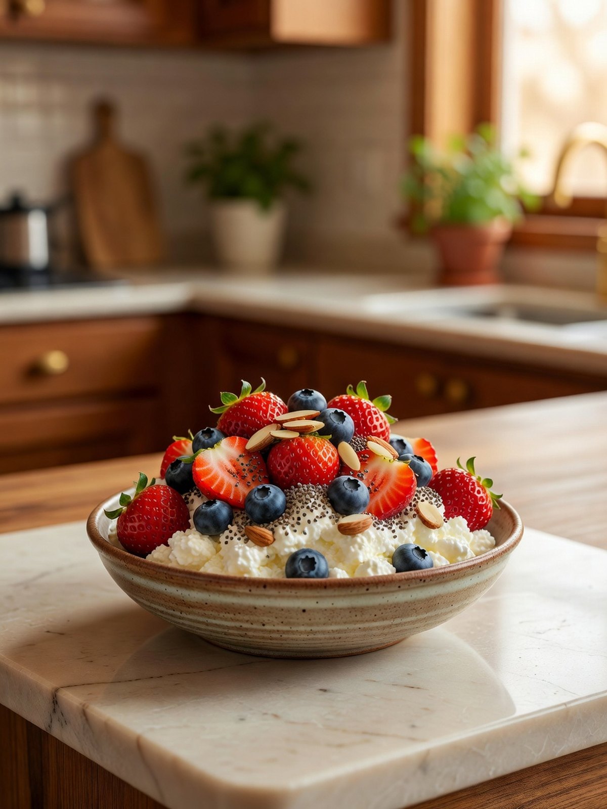 Cottage cheese bowl topped with strawberries, blueberries, chia seeds, and almonds