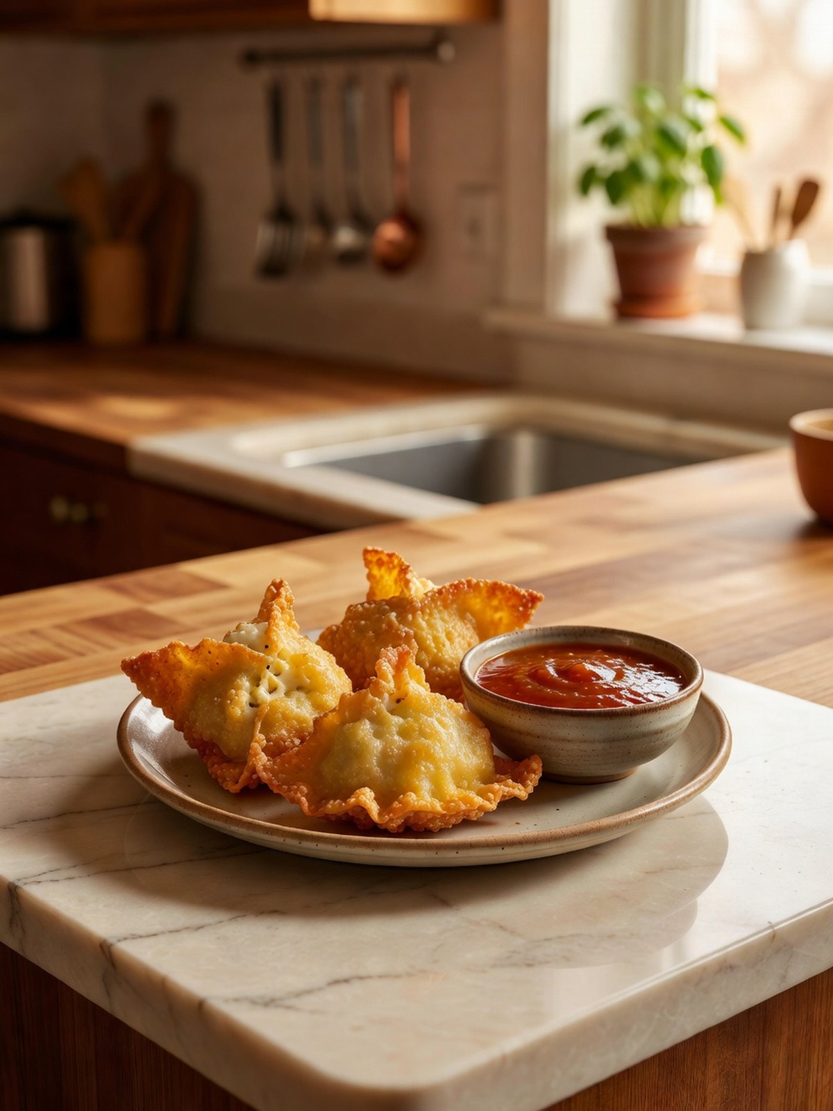 Plate of golden fried crab rangoon with a small bowl of sweet sauce