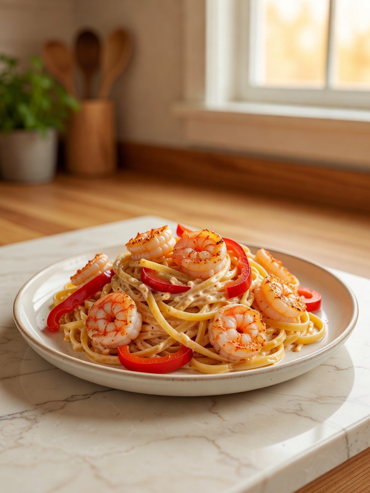 Linguine with pink Cajun shrimp, red bell pepper, and a light cream sauce