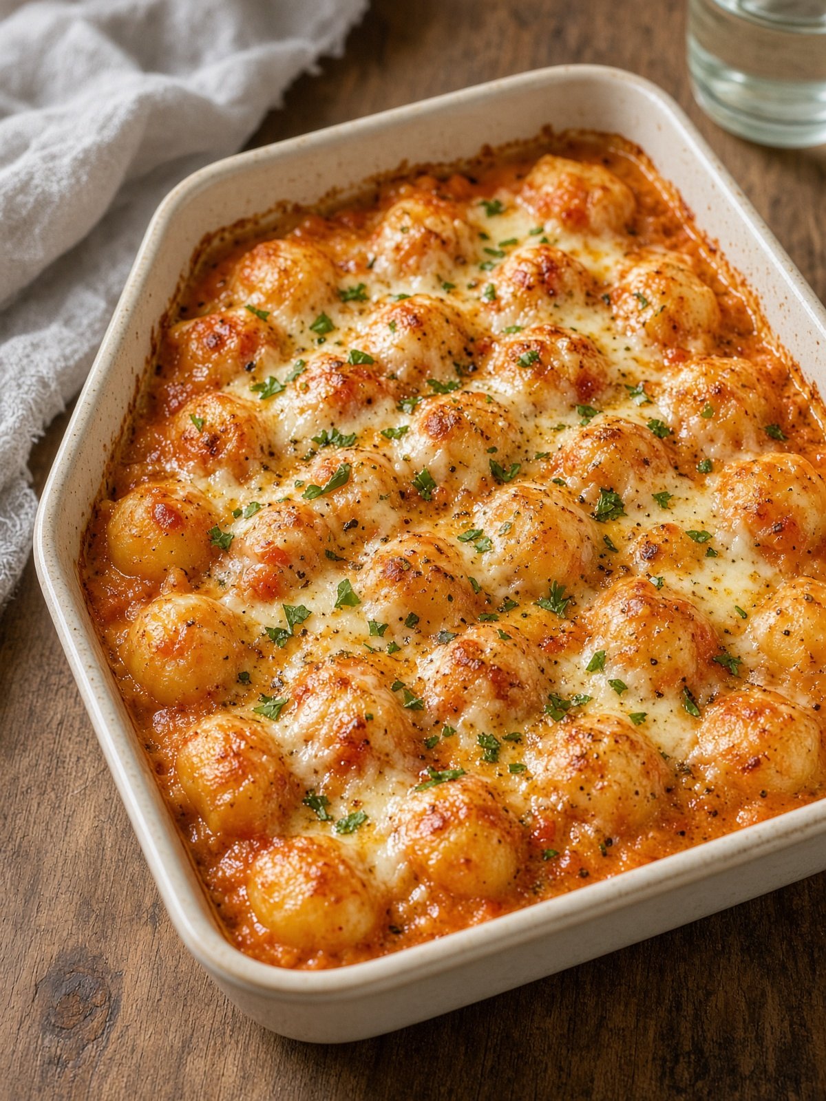 Baking dish of gnocchi in tomato cream sauce with melted mozzarella