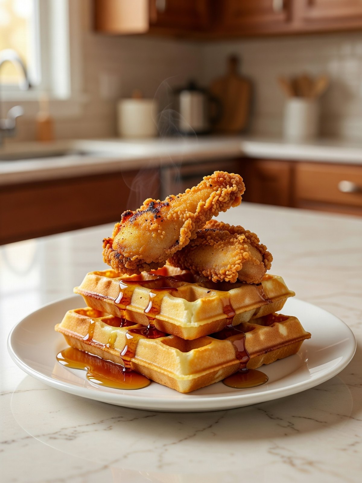 Fried chicken pieces on golden waffles with maple syrup pooling on the plate