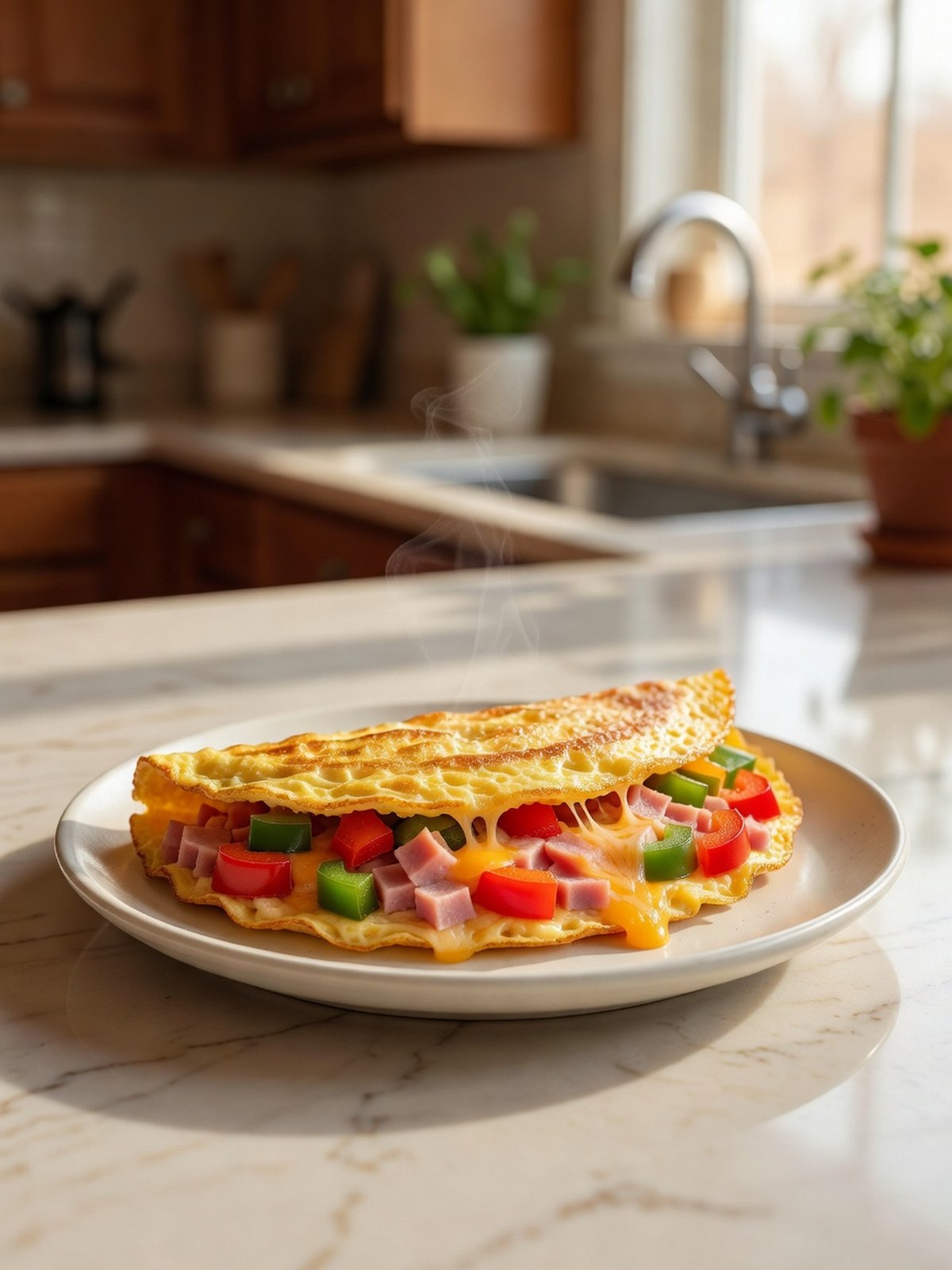 Folded Denver omelet on a plate showing ham, peppers, and cheddar