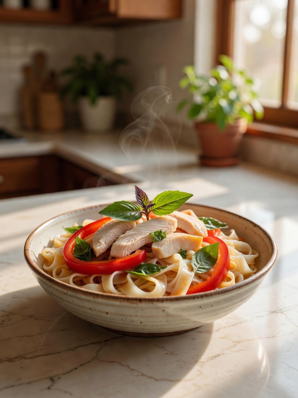 Bowl of wide rice noodles with chicken, red peppers, and Thai basil