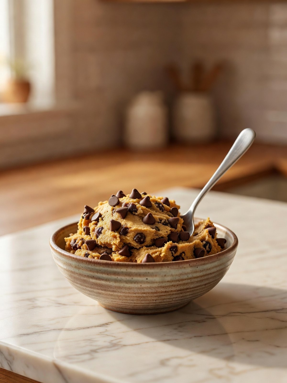 Bowl of chocolate chip cookie dough with a spoon resting in it