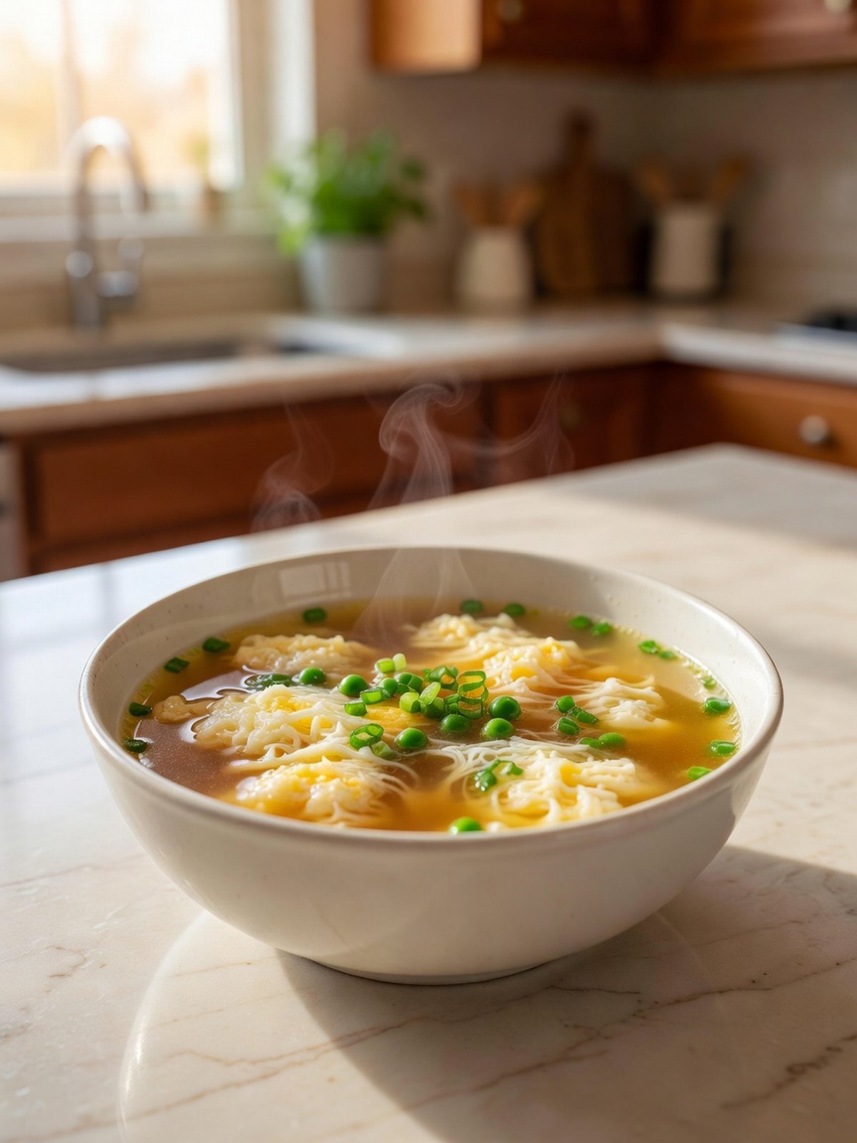 Bowl of egg drop soup with egg ribbons, peas, and scallions