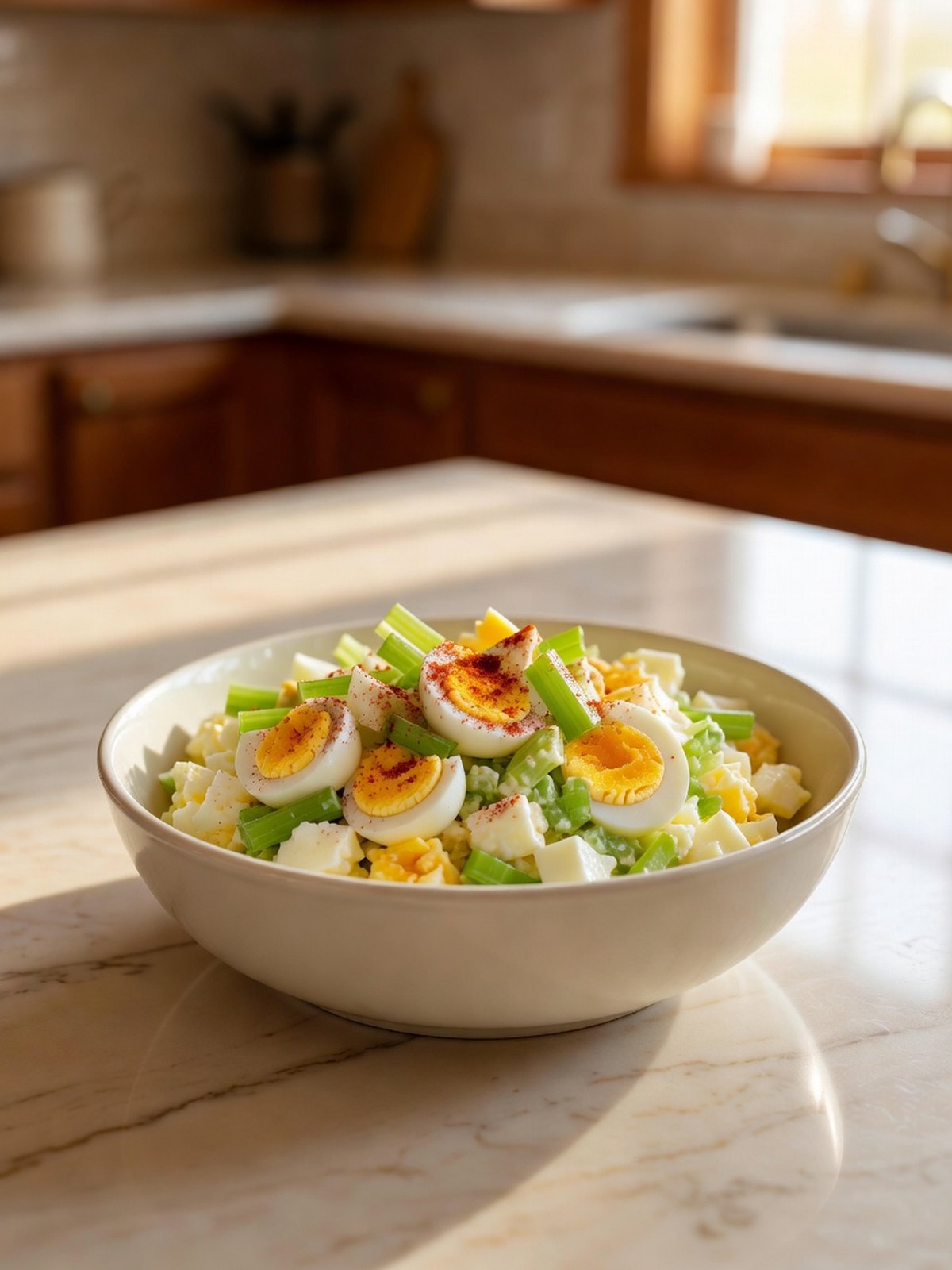 Bowl of chopped egg salad with celery and a sprinkle of paprika