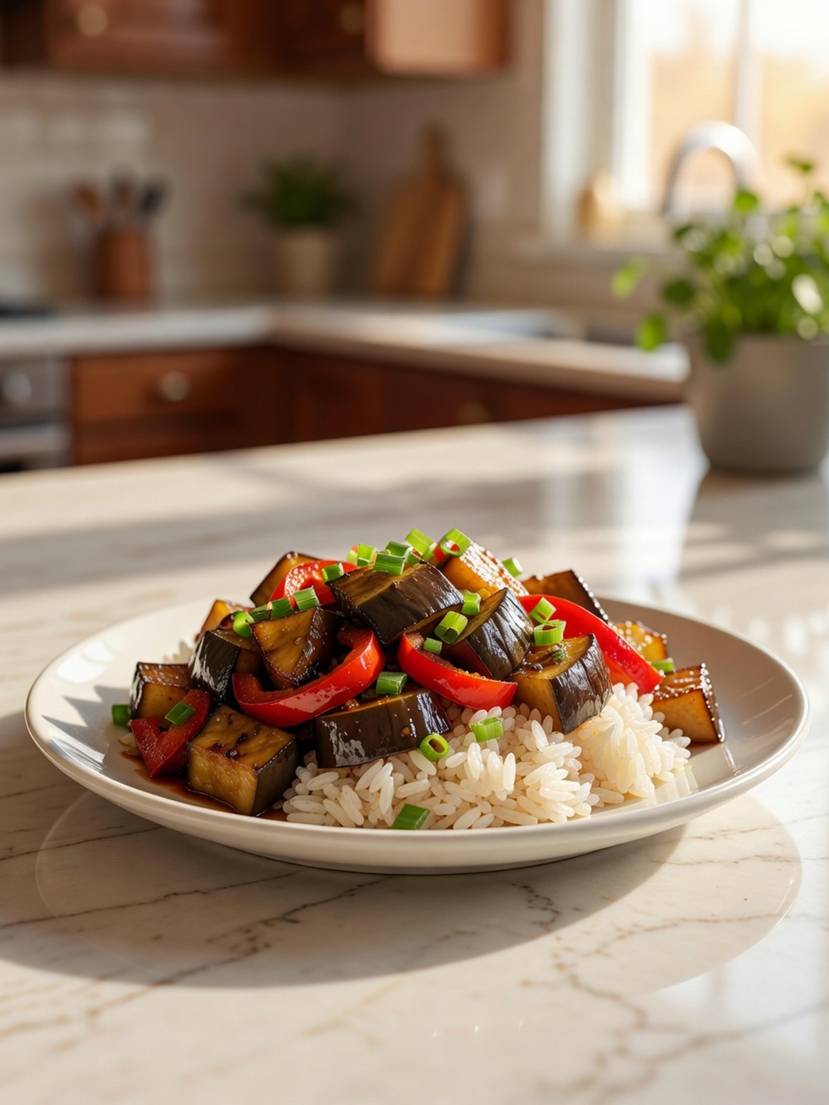 Plate of glossy eggplant and red pepper stir-fry over rice with scallions