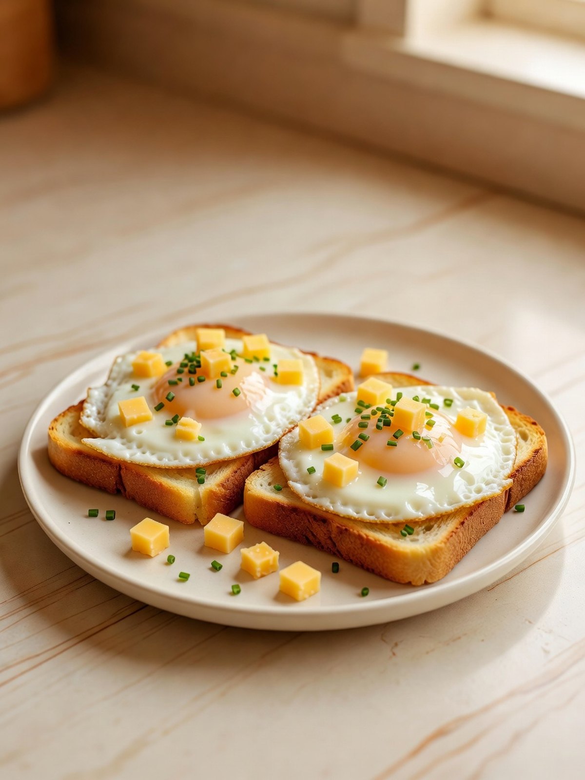 Two slices of golden toast each holding a fully set fried egg, with cheddar and chives on a plate