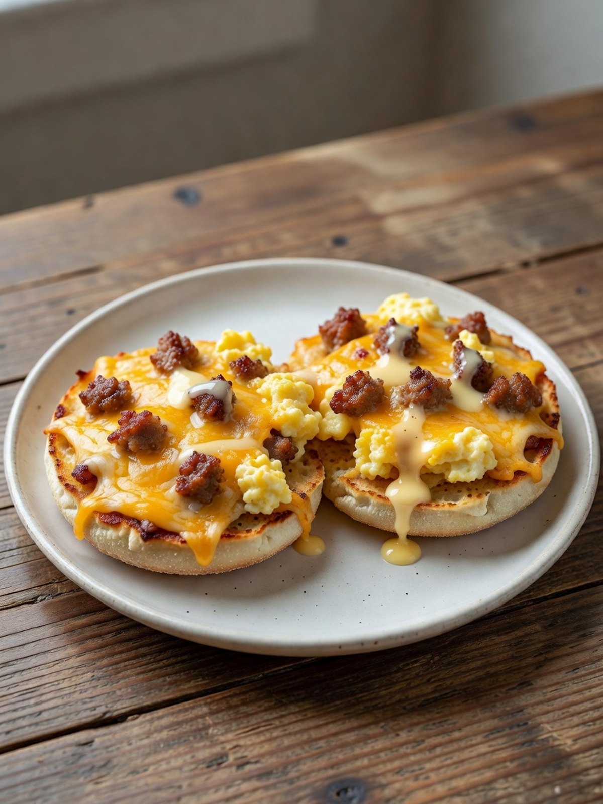 English muffin breakfast pizzas with egg and melted cheese