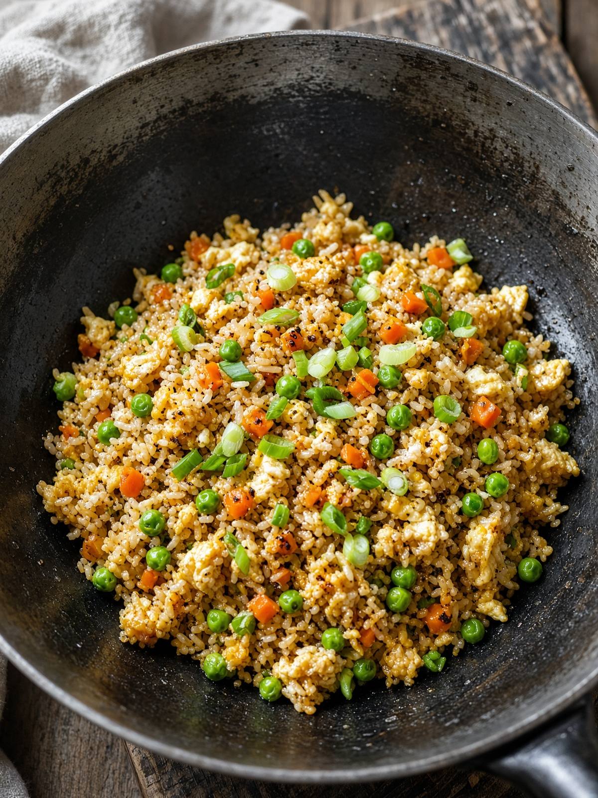 Egg fried rice with peas, carrots, and scallions in a wok.