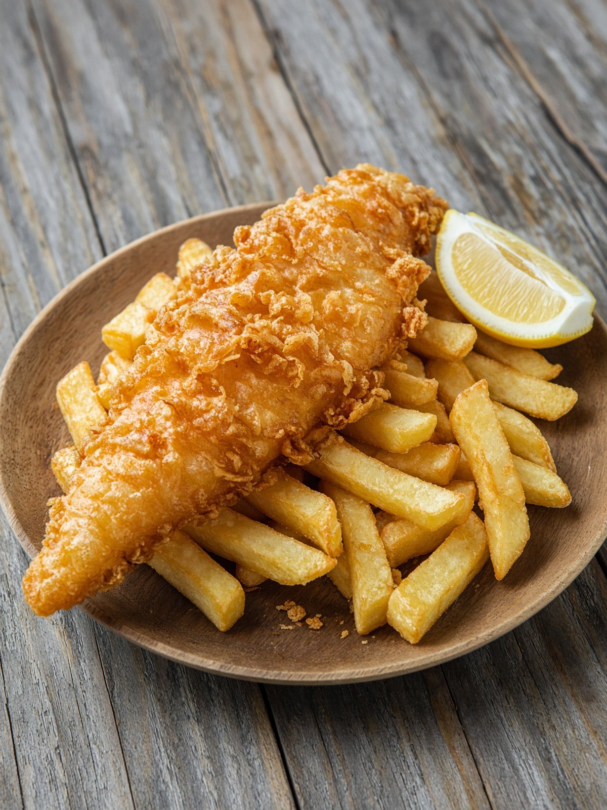 Crispy battered cod and thick-cut fries on a plate with lemon