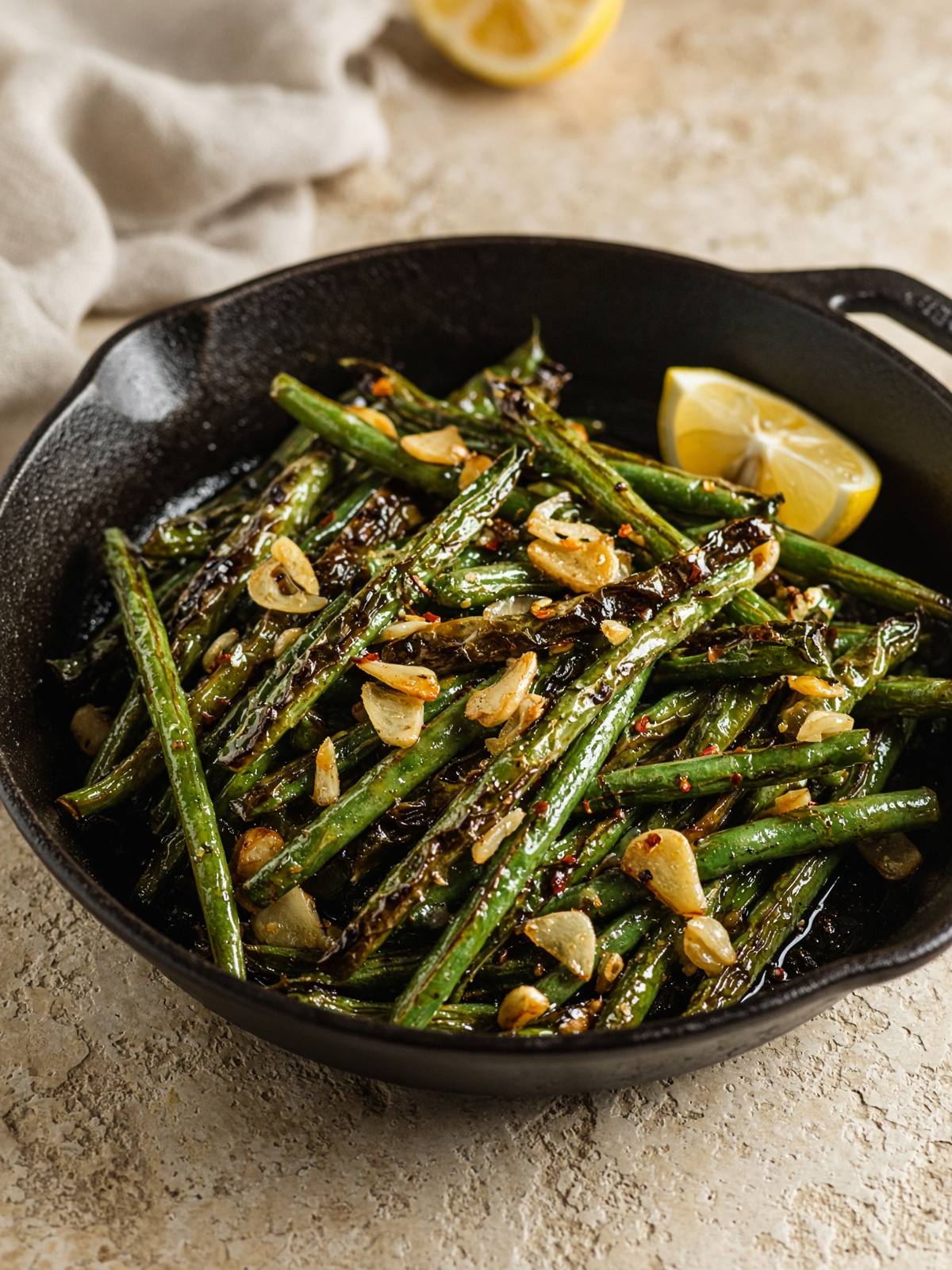 A skillet of blistered green beans with garlic and lemon.