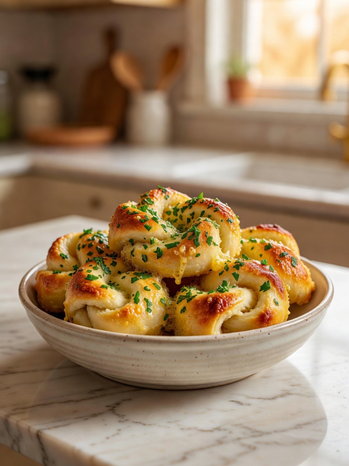 Golden garlic knots coated in garlic butter and parsley in a bowl