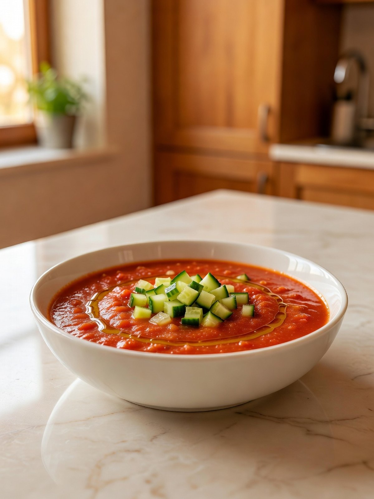 Chilled bowl of red gazpacho topped with diced cucumber and a thread of olive oil
