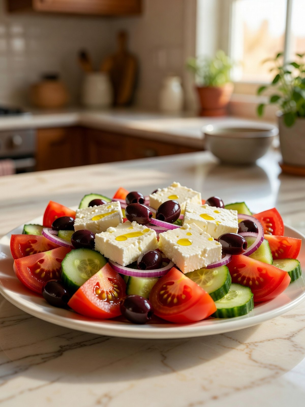Platter of Greek salad with tomatoes, cucumbers, olives, onion, and slabs of feta