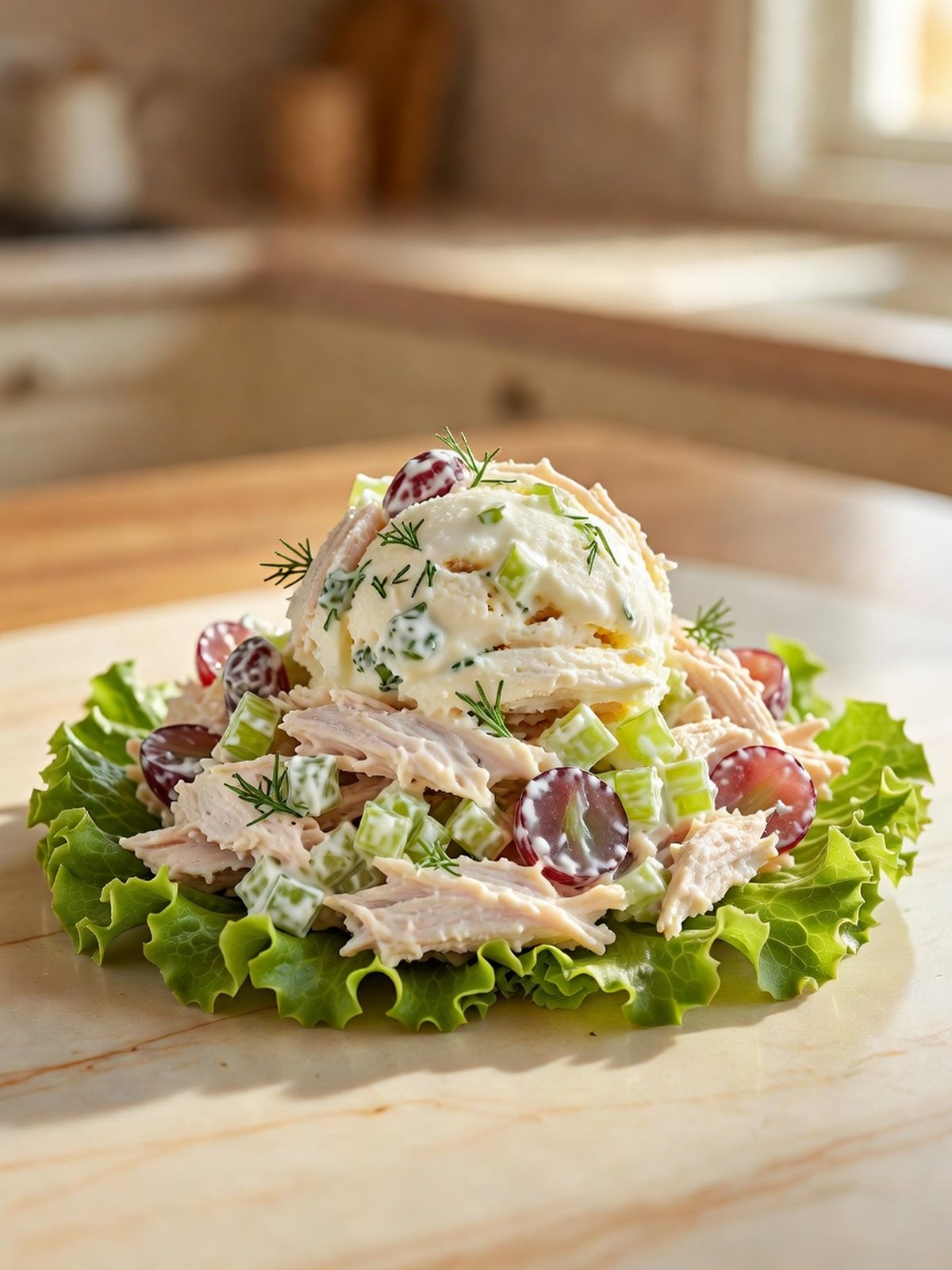 Scoop of Greek yogurt chicken salad with celery, grapes, and dill on a bed of lettuce
