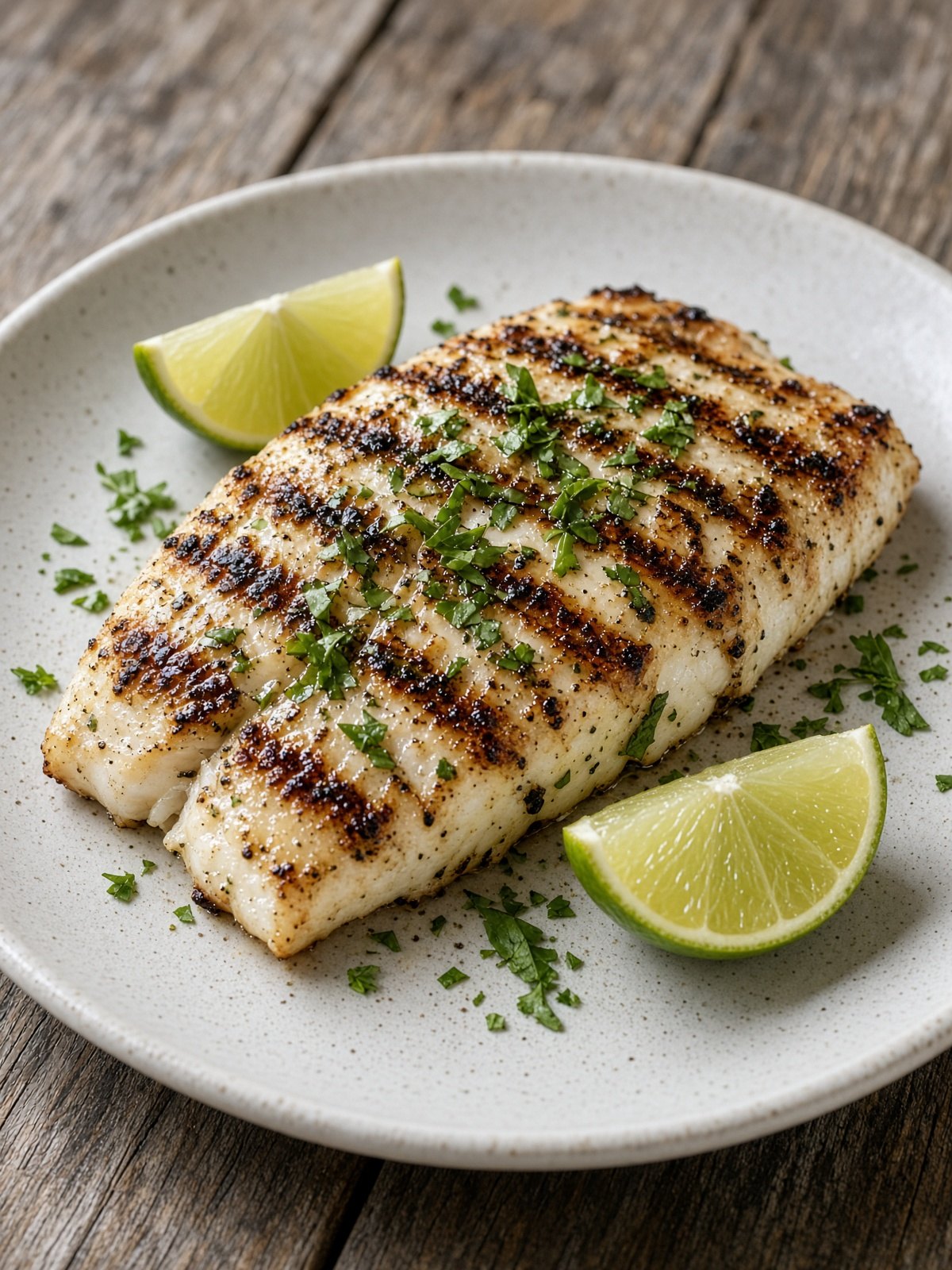 Grilled mahi-mahi steaks with lime wedges on a platter
