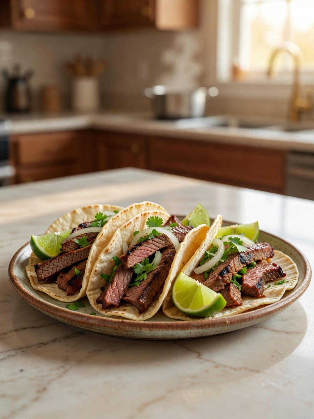 Sliced grilled skirt steak in corn tortillas with onion, cilantro, and lime