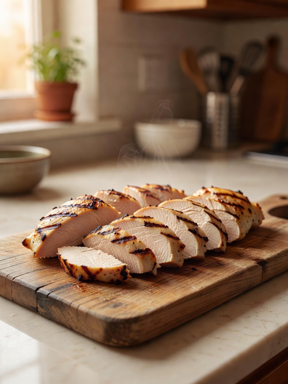 Sliced grilled chicken breasts with dark grill marks on a cutting board
