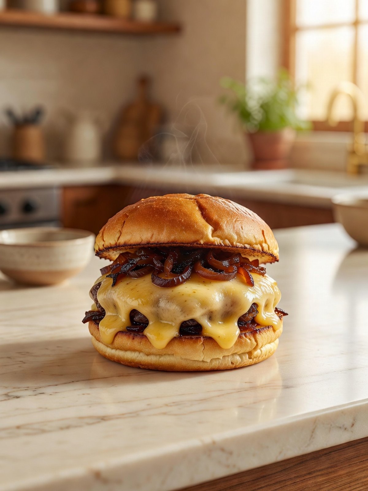 A burger topped with dark caramelized onions and melted Gruyere on a toasted bun