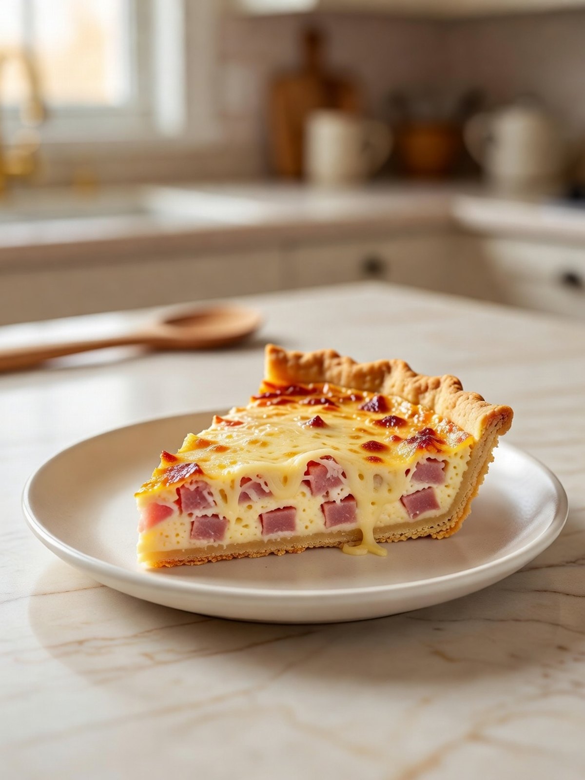 Slice of ham and Swiss quiche with a golden crust on a plate