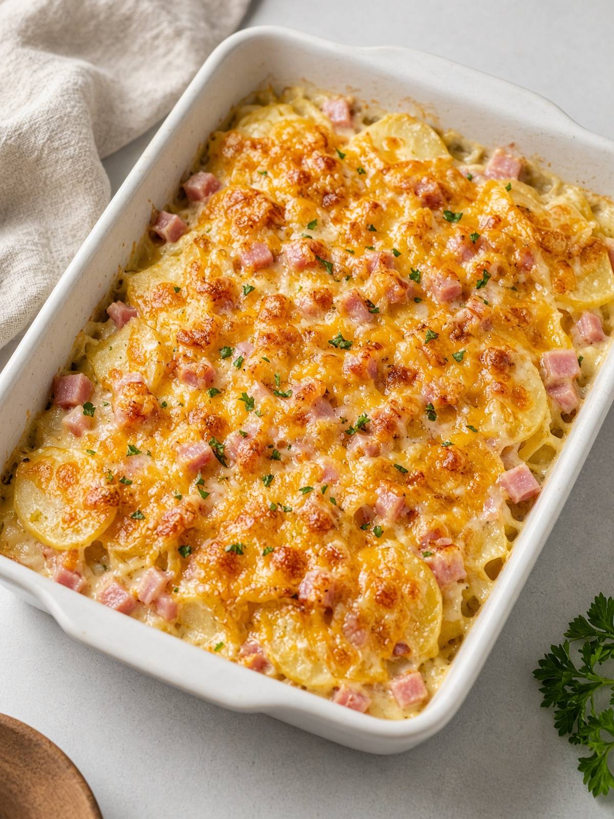 Layered potato and ham slices in a cheddar milk sauce, with a bubbling, lightly browned cheese top.